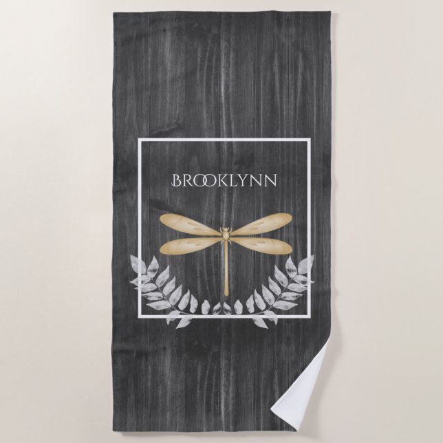 Gold Dragonfly Rustic Beach Towel (Front)