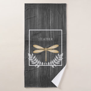Gold Dragonfly Rustic Personalized Bath Towel Set