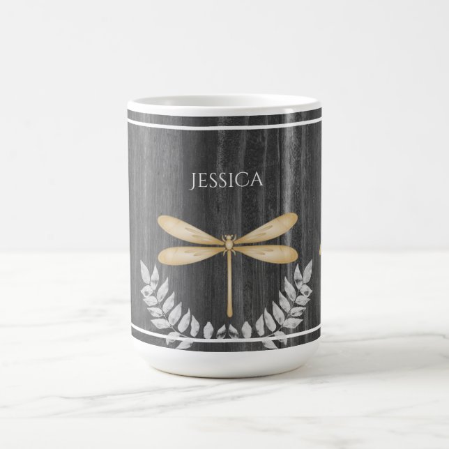 Gold Dragonfly Rustic Personalized Coffee Mug (Center)
