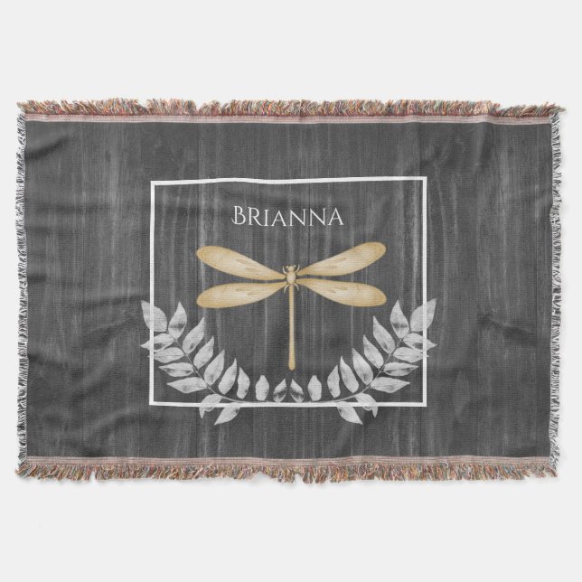 Gold Dragonfly Rustic Personalized  Throw Blanket (Front)