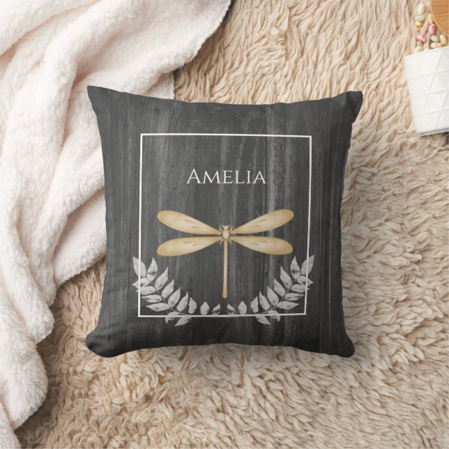 Gold Dragonfly Rustic Throw Pillow (Blanket)