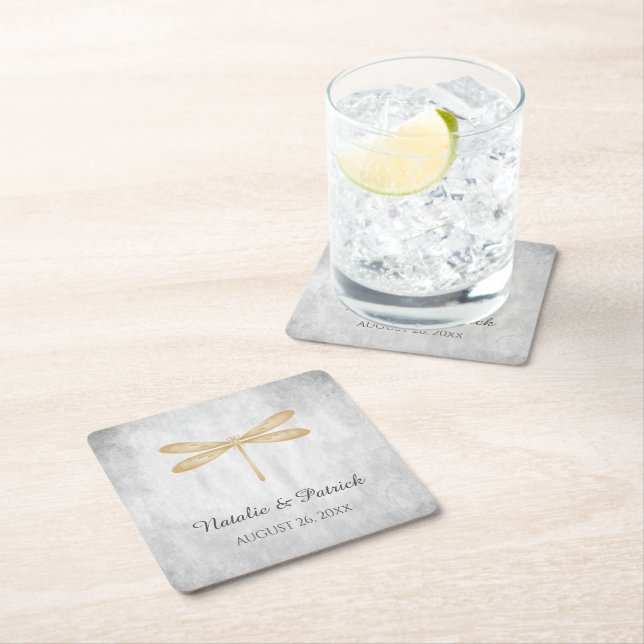 Gold Dragonfly Wedding Paper Coasters (Insitu)