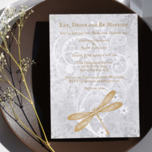 Gold Dragonfly Wedding Rehearsal Dinner Invite