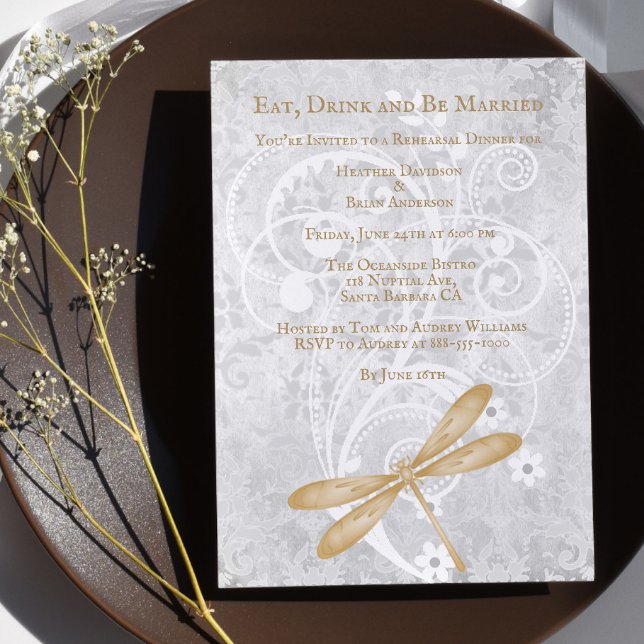 Gold Dragonfly Wedding Rehearsal Dinner Invite (Gold Dragonfly Wedding Rehearsal Dinner Invitation)