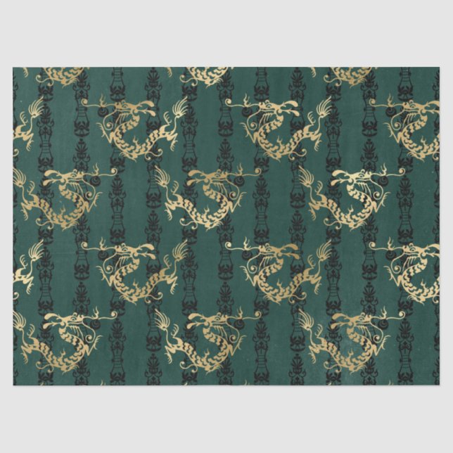 Gold Dragons on Green Decoupage Tissue Paper (Front)