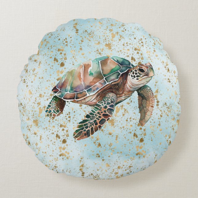 Gold Dream Sea Turtle Round Pillow (Front)