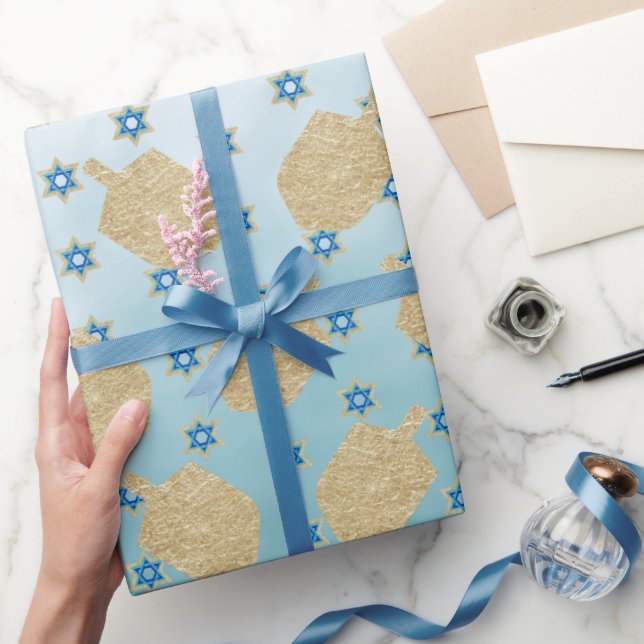Gold Dreidel Star Aqua Turquoise Blue Hanukkah Wrapping Paper (Gifting)