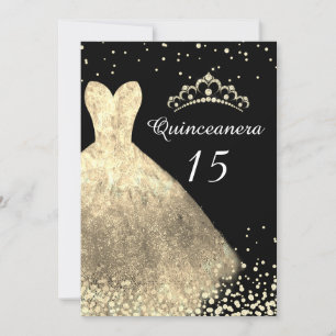 Gold Dress & Black Quinceanera 15th Birthday Party Invitation