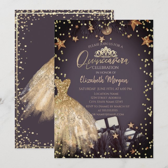 Gold Dress,Branches,Diamonds Stars Quinceañera Invitation (Front/Back)