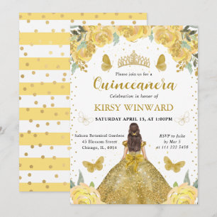Gold Dress Brunette Princess Quinceanera Invitation