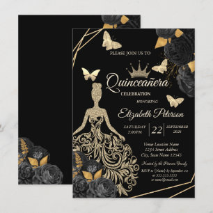 Gold Dress,Butterfly Black Roses Quinceañera Invitation