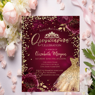 Gold Dress,Diamonds Burgundy Roses Quinceañera Invitation