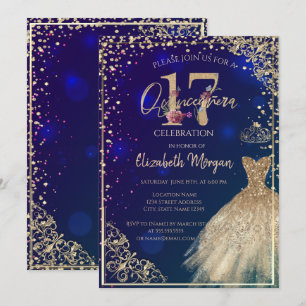  Gold Dress Diamonds  Floral Blue Quinceañera  Invitation