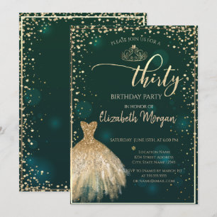 Gold Dress,Diamonds Green 30th Birthday Party Invitation