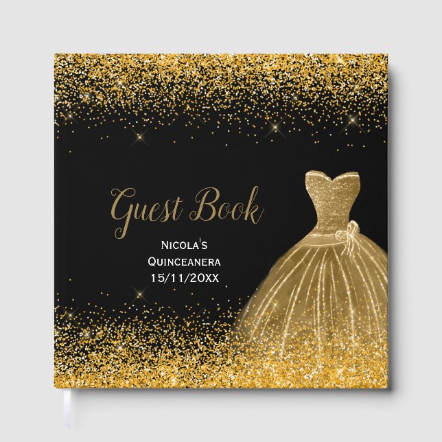 Gold Dress Faux Glitter Quinceanera Guest Book (Front)