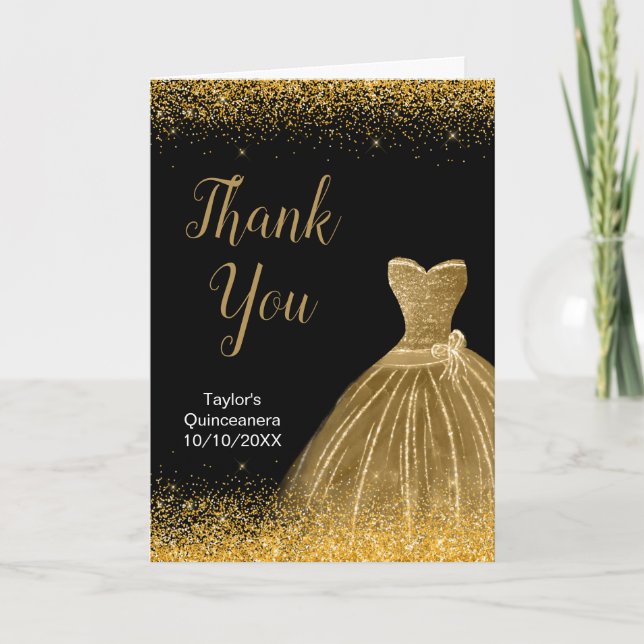 Gold Dress Faux Glitter Quinceanera Thank You Card (Front)