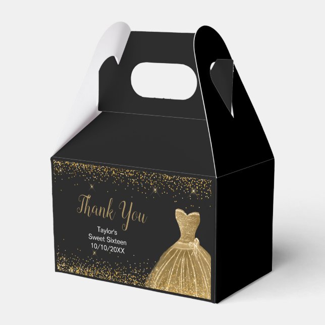 Gold Dress Faux Glitter Sweet 16 Birthday Favor Box (Front Side)