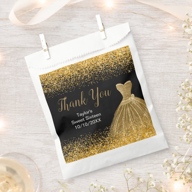 Gold Dress Faux Glitter Sweet 16 Birthday Favour Bag (Clipped)