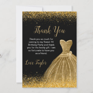 Gold Dress Faux Glitter Sweet 16 Birthday Thank You Card