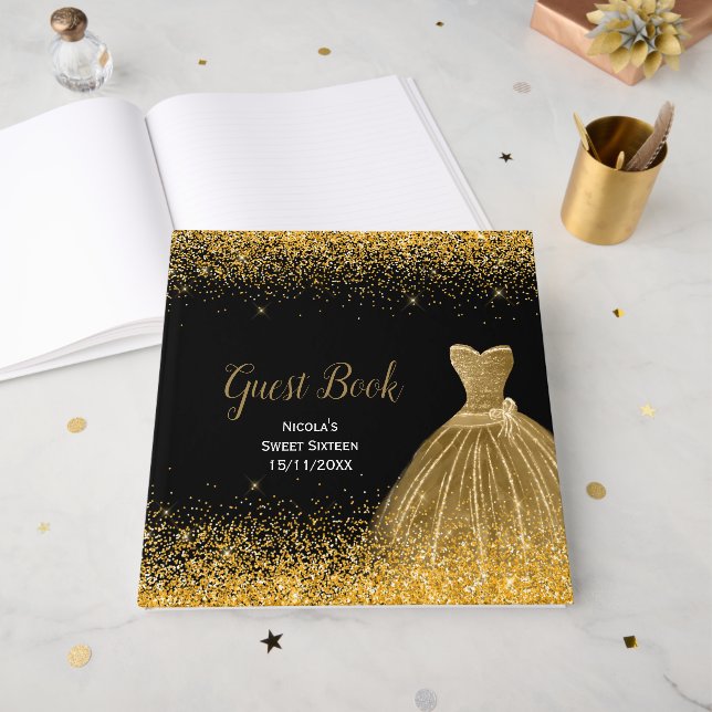 Gold Dress Faux Glitter Sweet 16  Guest Book (Front Open)