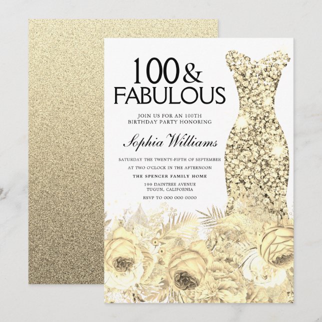Gold Dress Floral 100 & Fabulous 100th Birthday Invitation (Front/Back)