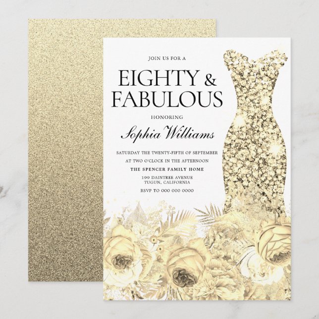 Gold Dress Floral Ninety & Fabulous 90th Birthday Invitation (Front/Back)