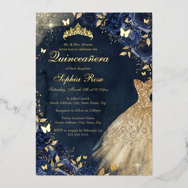 Gold Dress Navy Floral Butterfly Quinceanera (Front)