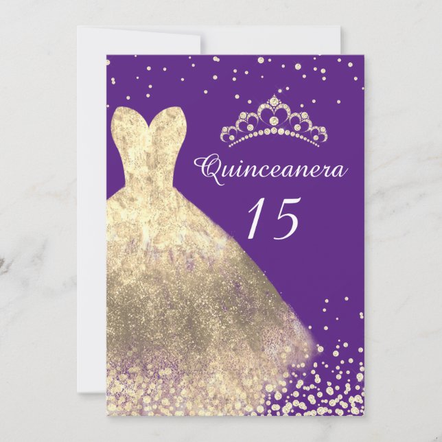 Gold Dress Purple Quinceanera 15th Birthday Party Invitation (Front)
