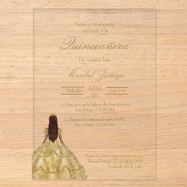 Gold dress Quinceanera invitation (Front)