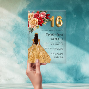 Gold dress red florals roses clear acrylic invitations