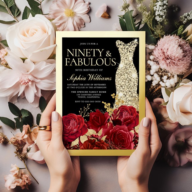 Gold Dress, Red Roses Ninety 90th Birthday Gold (Creator Uploaded)