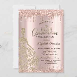 Gold Dress Rose Gold Glitter Drops Quinceañera Invitation