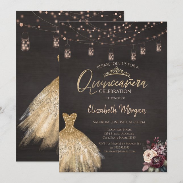 Gold Dress Rustic String Lights Roses Quinceañera Invitation (Front/Back)