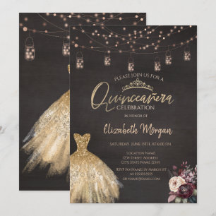 Gold Dress Rustic String Lights Roses Quinceañera Invitation