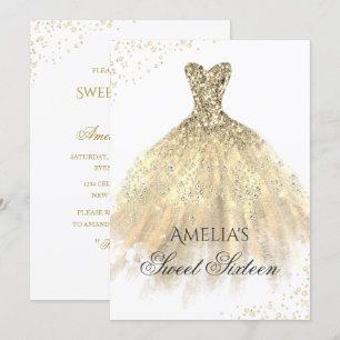 Gold Dress Sparkle Sweet 16 Birthday Party Invitation