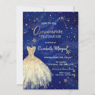 Gold Dress Stars Galaxy Quinceañera Invitation