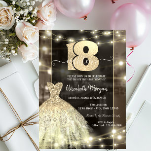 Gold Dress String Lights 18th Birthday Invitation