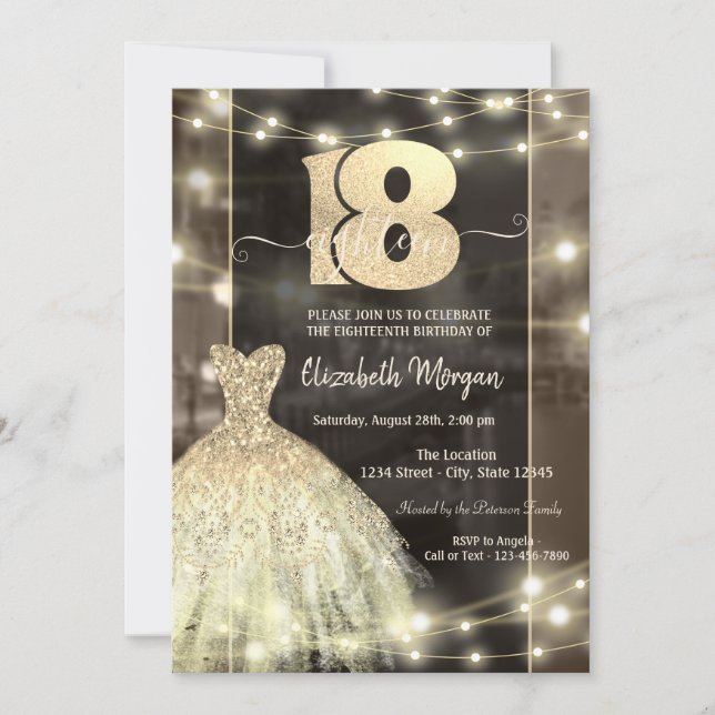 Gold Dress String Lights 18th Birthday  Invitation (Front)