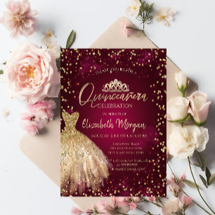 Gold Dress Tiara,Diamonds Burgundy Quinceañera Invitation