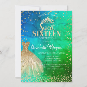  Gold Dress Tiara,Diamonds Green Blue Quinceañera Invitation