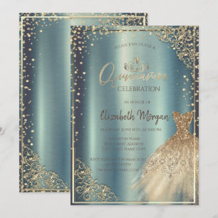 Gold Dress Tiara,Diamonds Metallic Quinceañera Invitation
