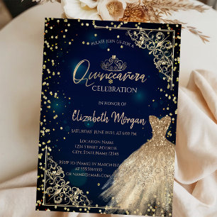 Gold Dress Tiara,Diamonds Navy Blue Quinceañera  Invitation