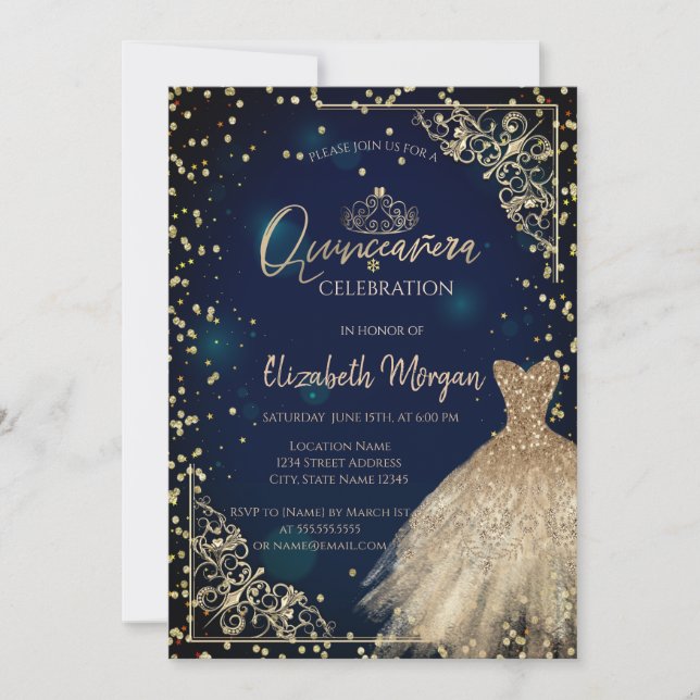 Gold Dress Tiara,Diamonds Navy Blue Quinceañera  Invitation (Front)