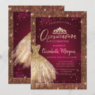 Gold Dress Tiara,Sequins Burgundy Quinceañera  Invitation