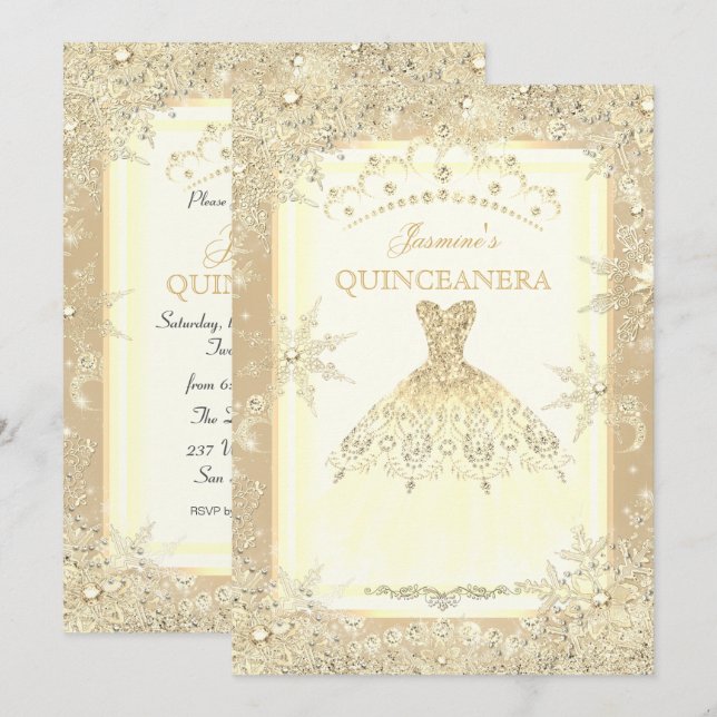 Gold Dress Tiara Winter Wonderland Quinceanera Invitation (Front/Back)
