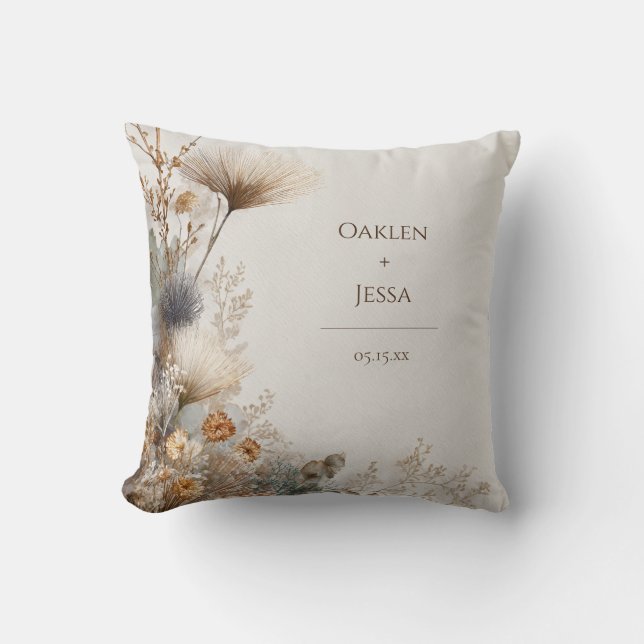 Gold Dried Botanical Corner Wreath Texture Throw Pillow (Front)