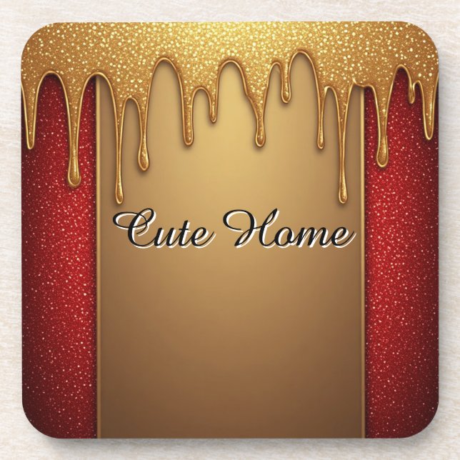 Gold Dripping Glitter Frame On Red Sparkle Backgro Coaster (Front)