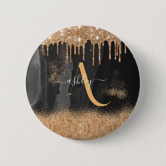 Gold Dripping Glitter Monogram Custom Metallic 2 Inch Round Button (Front)
