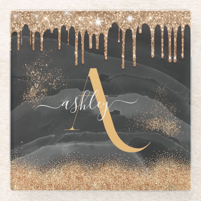 Gold Dripping Glitter Monogram Custom Metallic Glass Coaster (Front)