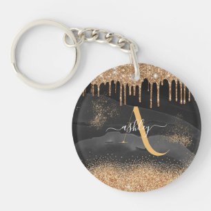 Gold Dripping Glitter Monogram Custom Metallic Keychain